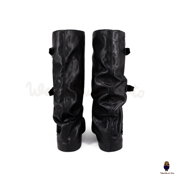 WoodchuckSato Black Vegan Tabi Triple Buckle Slouchy Tall Boots