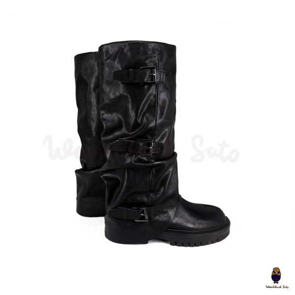 WoodchuckSato Black Vegan Tabi Triple Buckle Slouchy Tall Boots