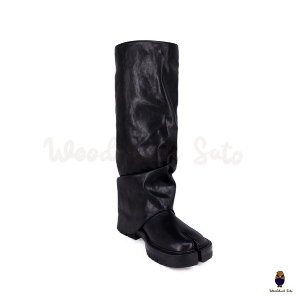 WoodchuckSato Black Vegan Tabi Triple Buckle Slouchy Tall Boots
