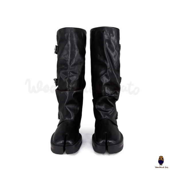 WoodchuckSato Black Vegan Tabi Triple Buckle Slouchy Tall Boots