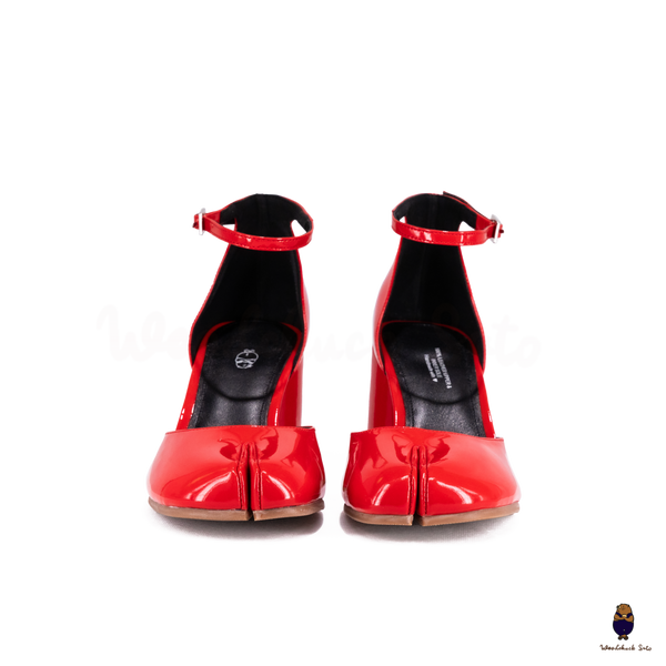 WoodChuckSato Bright Red Tabi Split-Toe Leather Hollow Design Pumps with 8cm Heel & Adjustable Ankle Strap Sizes EU 35-41