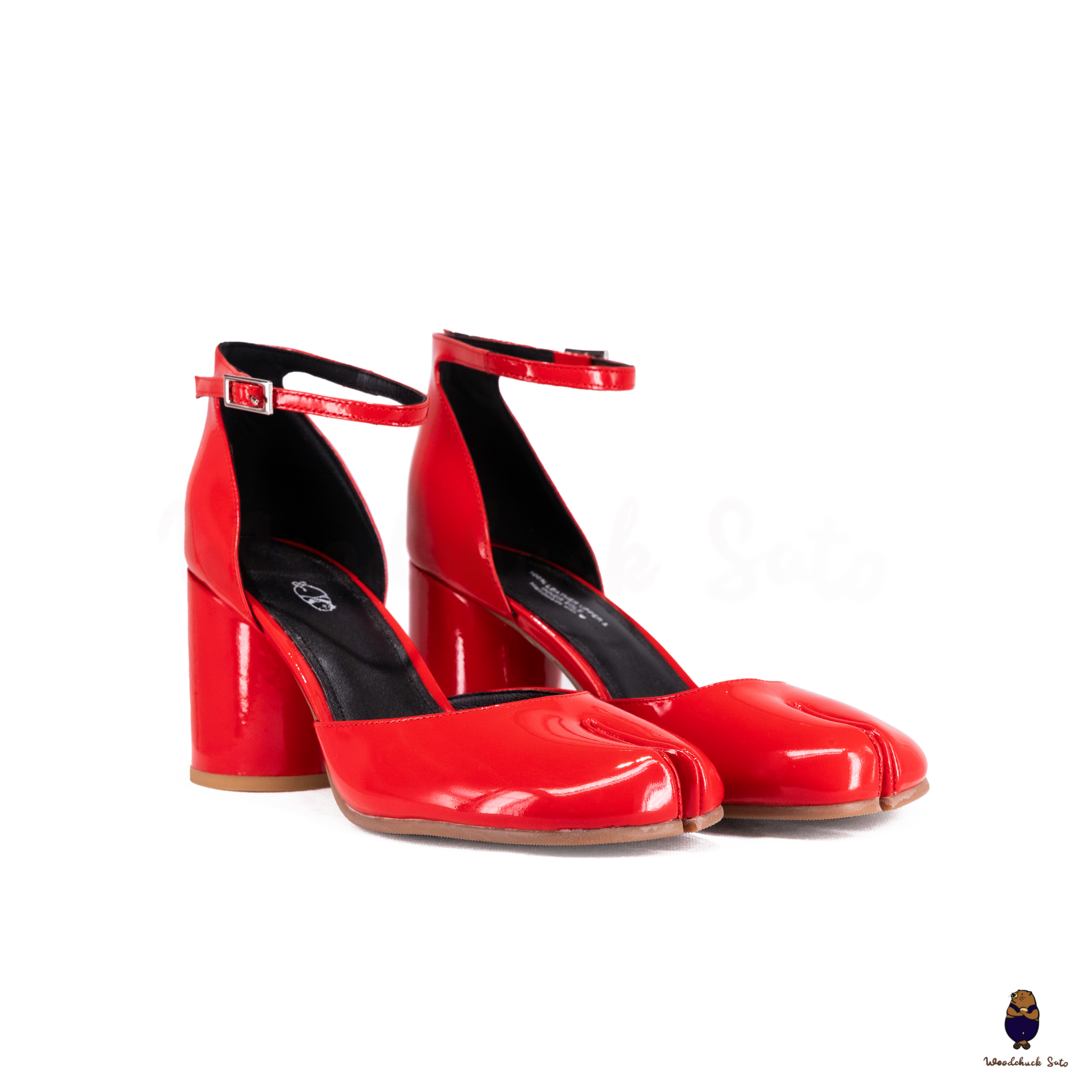 WoodChuckSato Bright Red Tabi Split-Toe Leather Hollow Design Pumps with 8cm Heel & Adjustable Ankle Strap Sizes EU 35-41