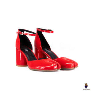 WoodChuckSato Bright Red Tabi Split-Toe Leather Hollow Design Pumps with 8cm Heel & Adjustable Ankle Strap Sizes EU 35-41