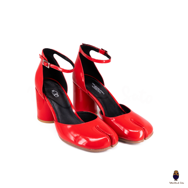 WoodChuckSato Bright Red Tabi Split-Toe Leather Hollow Design Pumps with 8cm Heel & Adjustable Ankle Strap Sizes EU 35-41