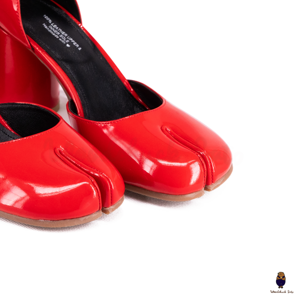 WoodChuckSato Bright Red Tabi Split-Toe Leather Hollow Design Pumps with 8cm Heel & Adjustable Ankle Strap Sizes EU 35-41