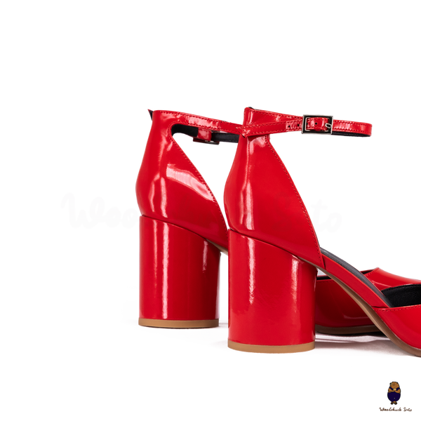WoodChuckSato Bright Red Tabi Split-Toe Leather Hollow Design Pumps with 8cm Heel & Adjustable Ankle Strap Sizes EU 35-41