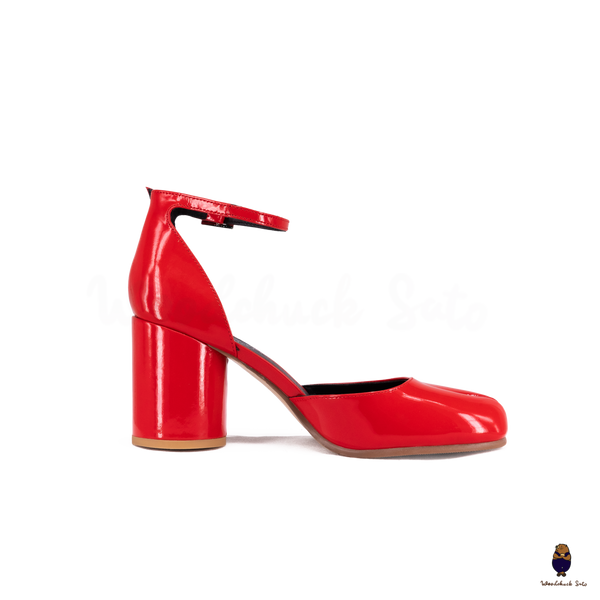 WoodChuckSato Bright Red Tabi Split-Toe Leather Hollow Design Pumps with 8cm Heel & Adjustable Ankle Strap Sizes EU 35-41