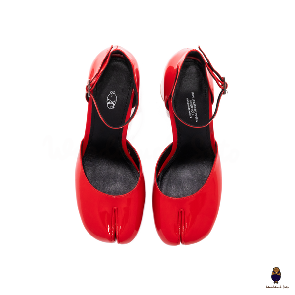 WoodChuckSato Bright Red Tabi Split-Toe Leather Hollow Design Pumps with 8cm Heel & Adjustable Ankle Strap Sizes EU 35-41