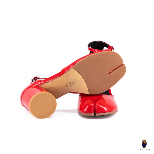 WoodChuckSato Bright Red Tabi Split-Toe Leather Hollow Design Pumps with 8cm Heel & Adjustable Ankle Strap Sizes EU 35-41
