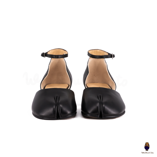 WoodChuckSato Black Tabi Split-Toe Cow Leather Summer Sandals with Low Heels & Ankle Strap Buckle Sizes EU 35-45