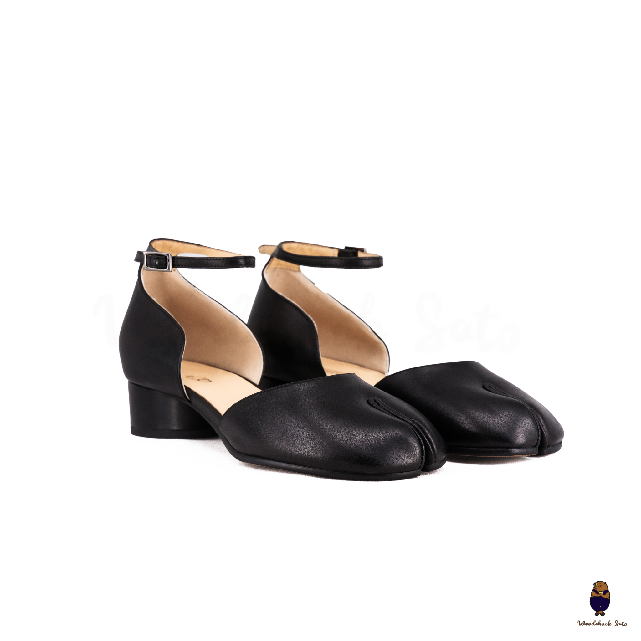 WoodChuckSato Black Tabi Split-Toe Cow Leather Summer Sandals with Low Heels & Ankle Strap Buckle Sizes EU 35-45