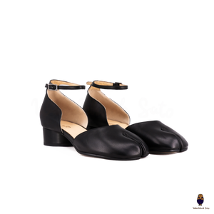 WoodChuckSato Black Tabi Split-Toe Cow Leather Summer Sandals with Low Heels & Ankle Strap Buckle Sizes EU 35-45