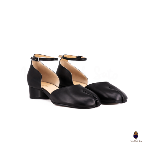 WoodChuckSato Black Tabi Split-Toe Cow Leather Summer Sandals with Low Heels & Ankle Strap Buckle Sizes EU 35-45