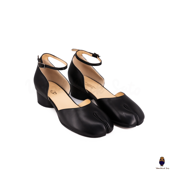 WoodChuckSato Black Tabi Split-Toe Cow Leather Summer Sandals with Low Heels & Ankle Strap Buckle Sizes EU 35-45