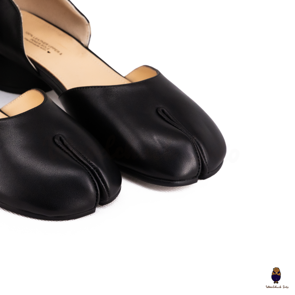 WoodChuckSato Black Tabi Split-Toe Cow Leather Summer Sandals with Low Heels & Ankle Strap Buckle Sizes EU 35-45