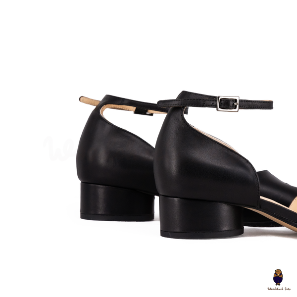 WoodChuckSato Black Tabi Split-Toe Cow Leather Summer Sandals with Low Heels & Ankle Strap Buckle Sizes EU 35-45