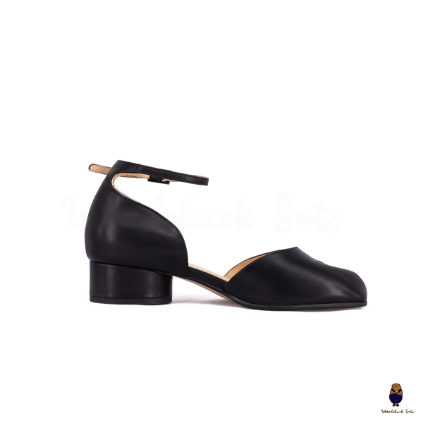 WoodChuckSato Black Tabi Split-Toe Cow Leather Summer Sandals with Low Heels & Ankle Strap Buckle Sizes EU 35-45
