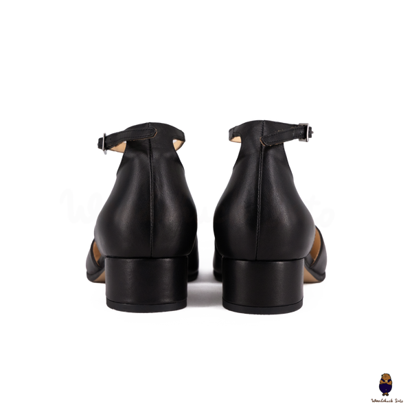WoodChuckSato Black Tabi Split-Toe Cow Leather Summer Sandals with Low Heels & Ankle Strap Buckle Sizes EU 35-45