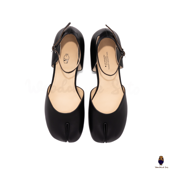 WoodChuckSato Black Tabi Split-Toe Cow Leather Summer Sandals with Low Heels & Ankle Strap Buckle Sizes EU 35-45