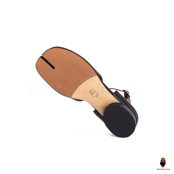 WoodChuckSato Black Tabi Split-Toe Cow Leather Summer Sandals with Low Heels & Ankle Strap Buckle Sizes EU 35-45