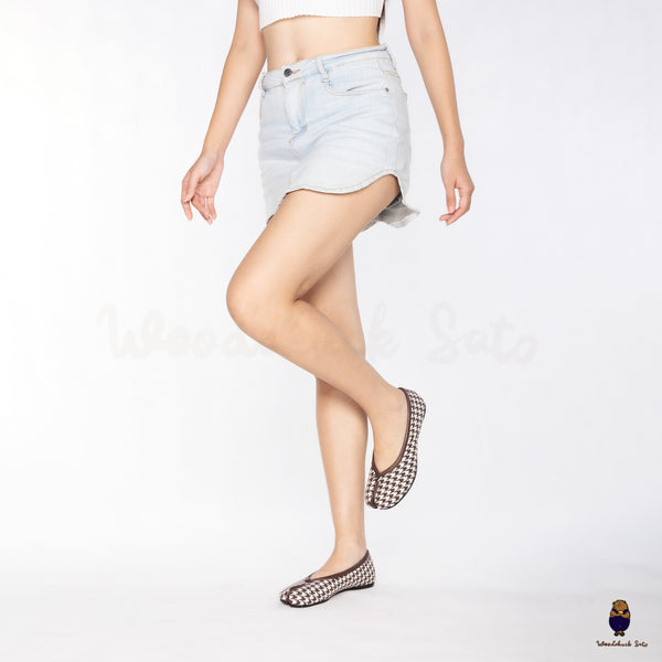 WoodchuckSato Brown Houndstooth Fabric & Sheep Leather Tabi Ballet Flats