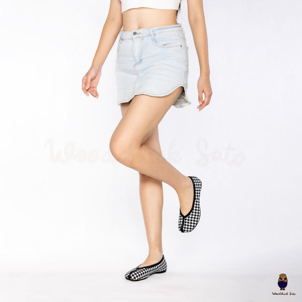 WoodchuckSato Houndstooth Fabric Leather Tabi Ballet Flats