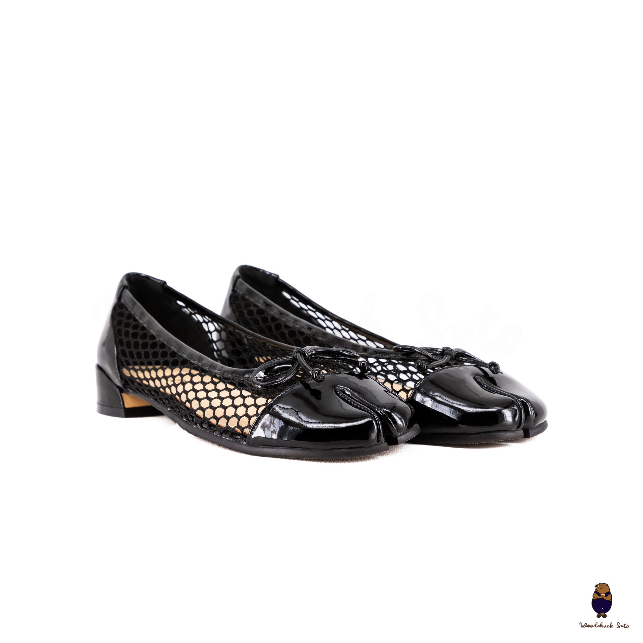 WoodchuckSato Black Patent Cow Leather and Nylon Mesh Tabi Flats with Bow