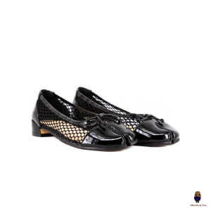 WoodchuckSato Black Patent Cow Leather and Nylon Mesh Tabi Flats with Bow