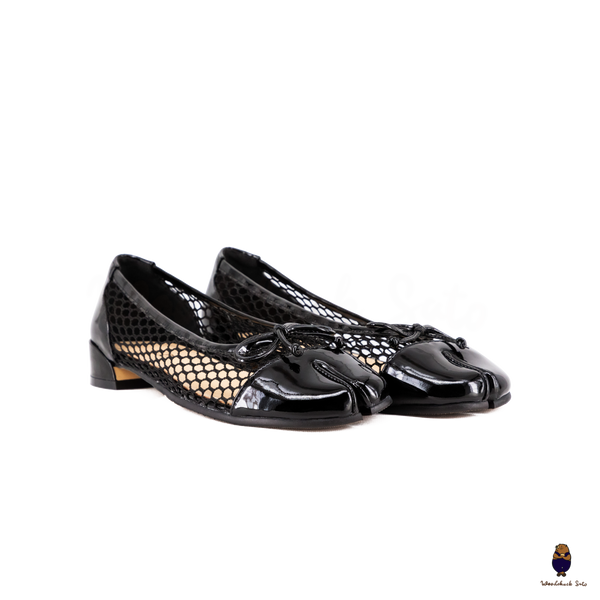 WoodchuckSato Black Patent Leather Mesh Tabi Ballet Flats with Bow