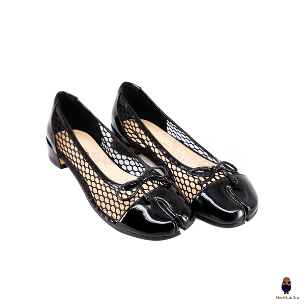 WoodchuckSato Black Patent Leather Mesh Tabi Ballet Flats with Bow