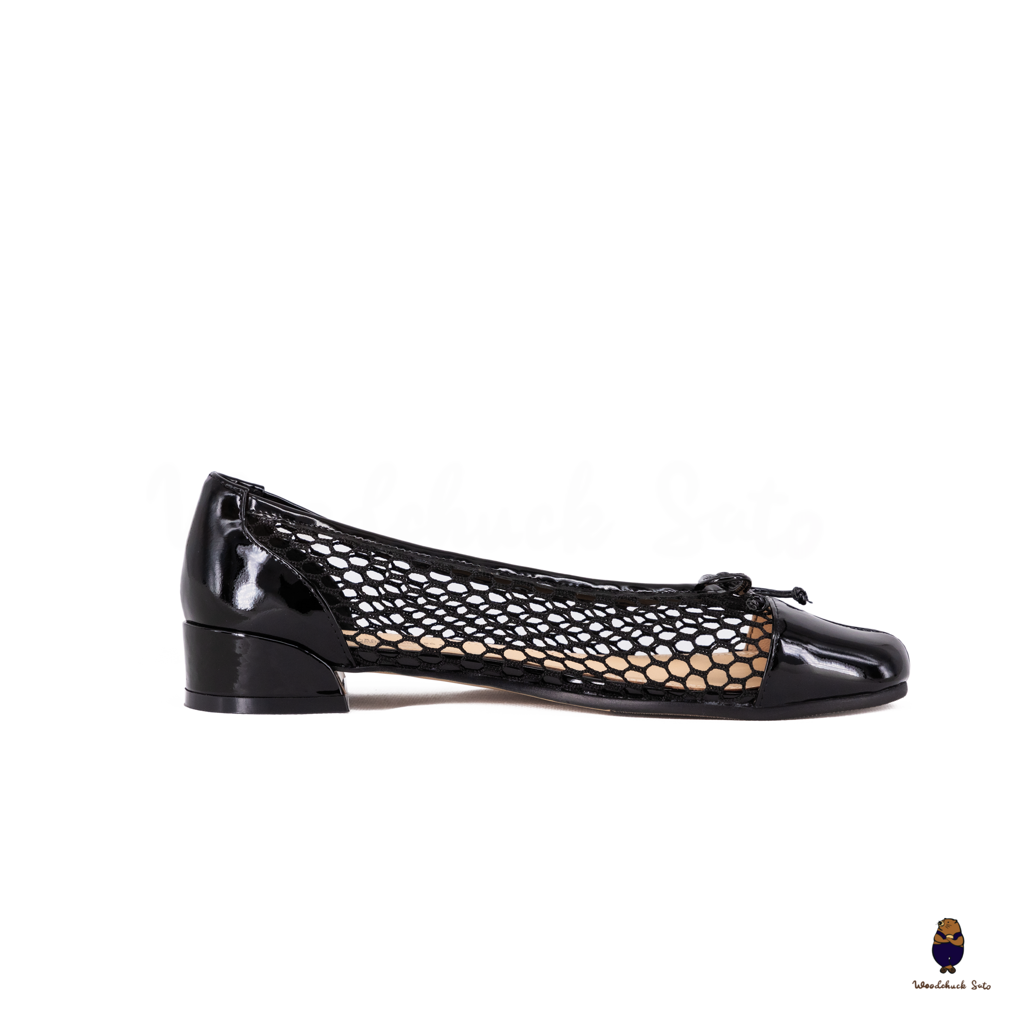 WoodchuckSato Black Patent Leather Mesh Tabi Ballet Flats with Bow