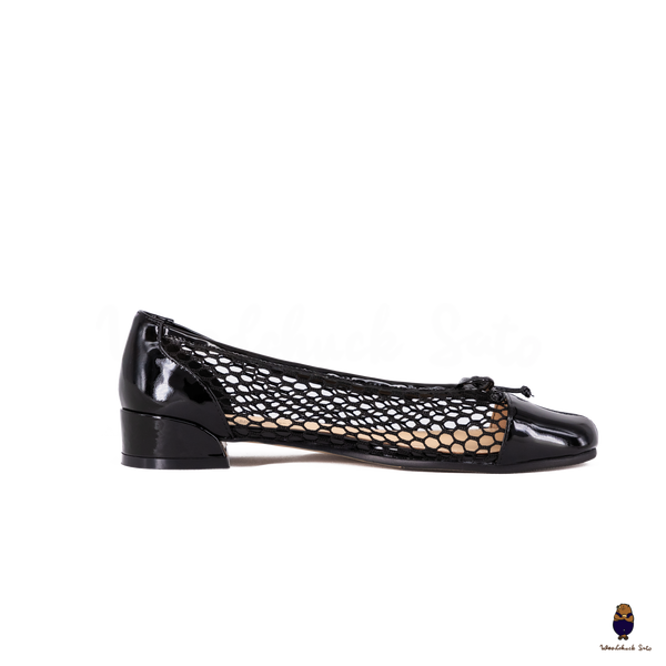 WoodchuckSato Black Patent Leather Mesh Tabi Ballet Flats with Bow