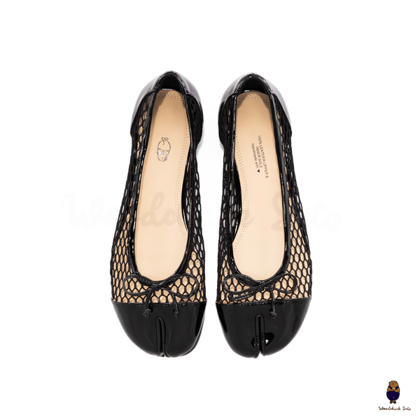 WoodchuckSato Black Patent Leather Mesh Tabi Ballet Flats with Bow