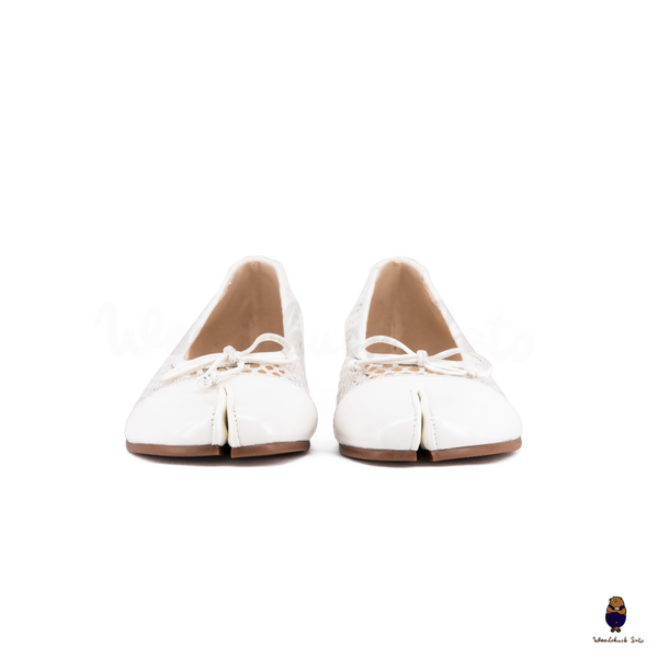 WoodchuckSato White Patent Leather Mesh Tabi Ballet Flats with Bow