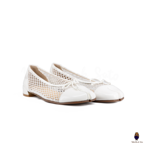 WoodchuckSato White Edge-Beaded Cowhide Leather and Nylon Mesh Tabi Flats with Bow