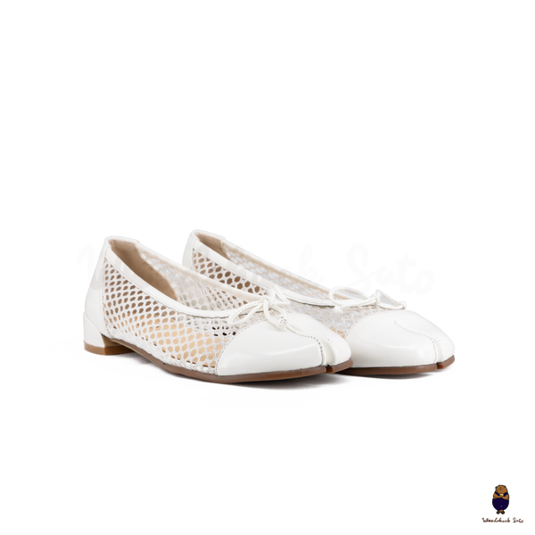 WoodchuckSato White Patent Leather Mesh Tabi Ballet Flats with Bow