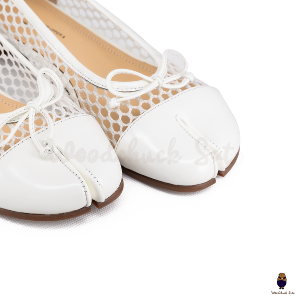 WoodchuckSato White Patent Leather Mesh Tabi Ballet Flats with Bow
