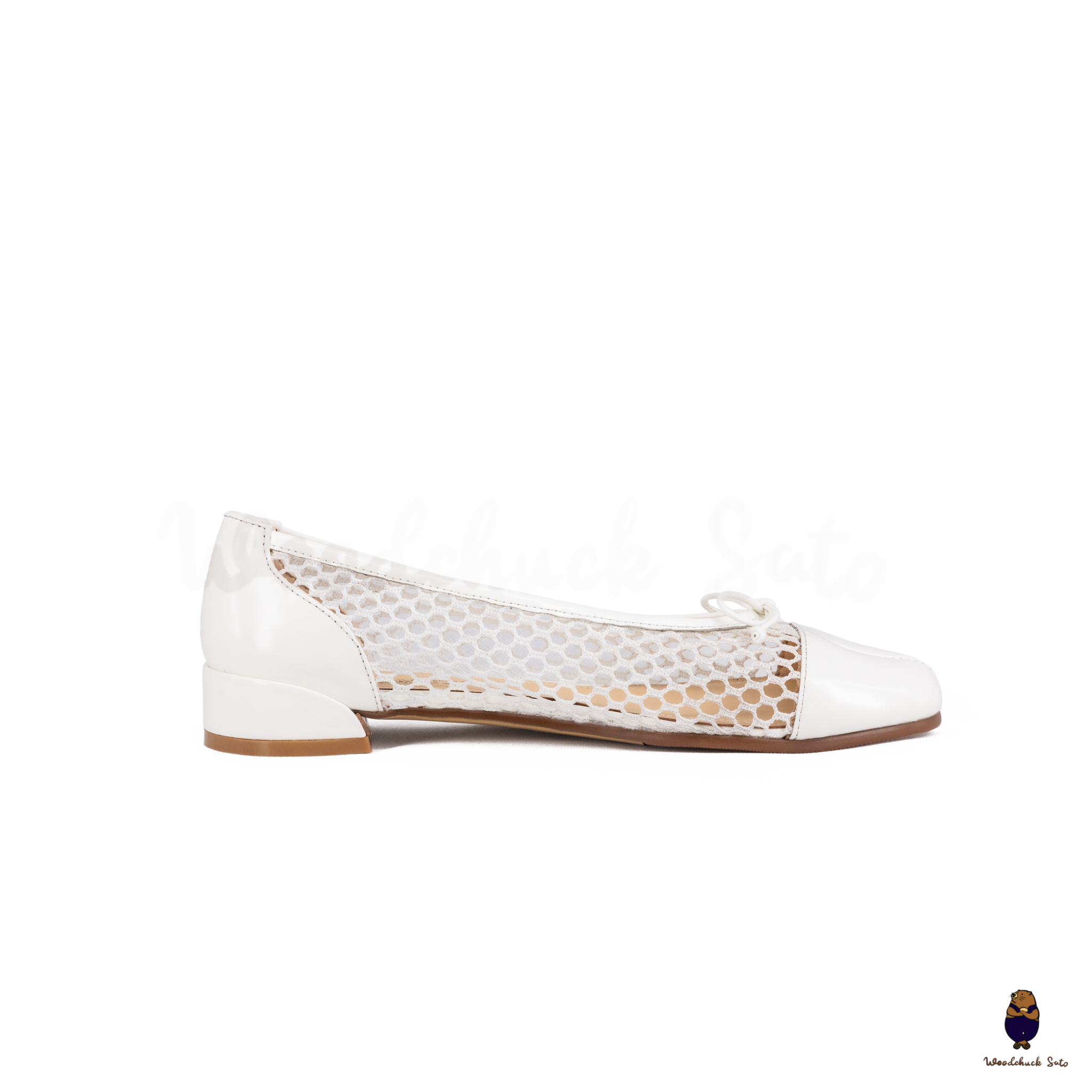 WoodchuckSato White Patent Leather Mesh Tabi Ballet Flats with Bow