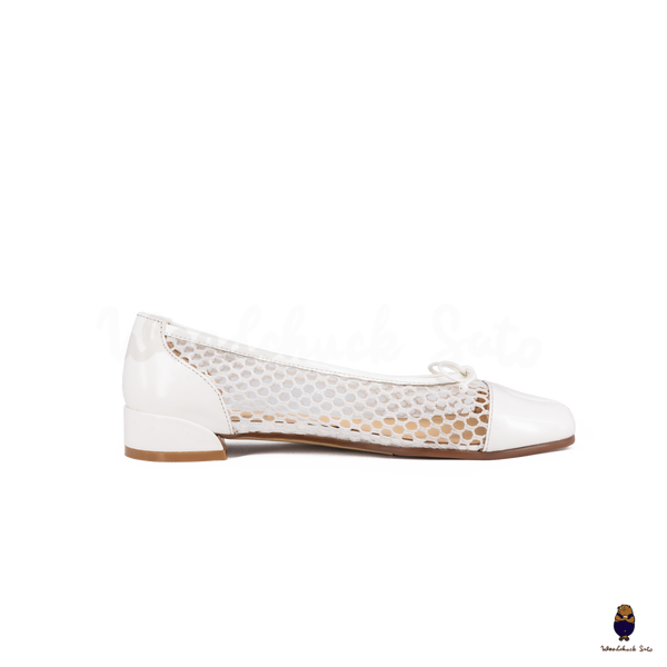 WoodchuckSato White Patent Leather Mesh Tabi Ballet Flats with Bow