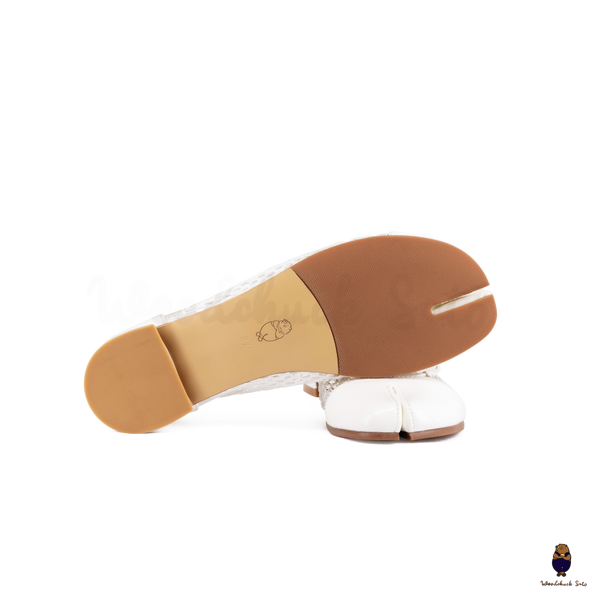 WoodchuckSato White Patent Leather Mesh Tabi Ballet Flats with Bow