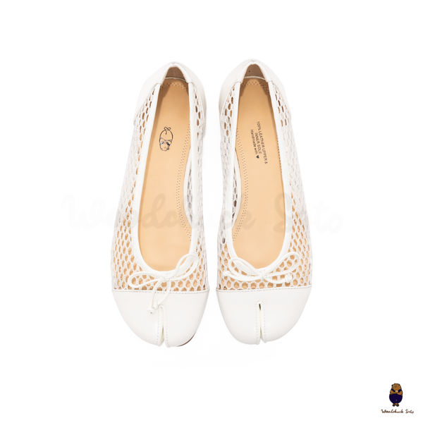 WoodchuckSato White Patent Leather Mesh Tabi Ballet Flats with Bow