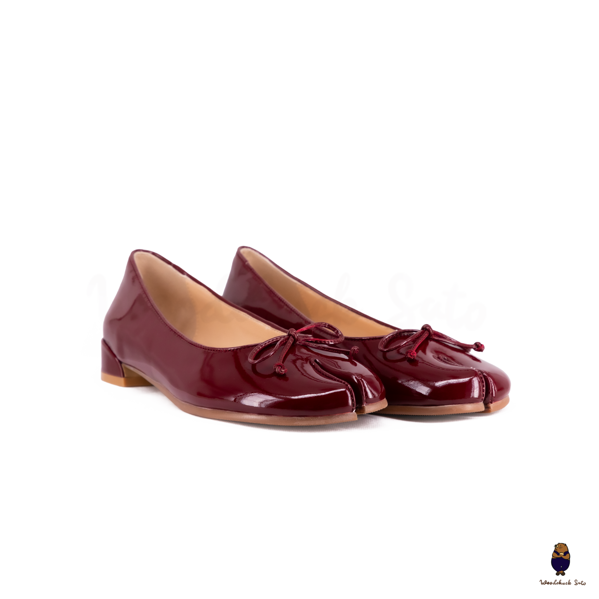 WoodchuckSato Burgundy Patent Leather Tabi Ballet Flats with Bow