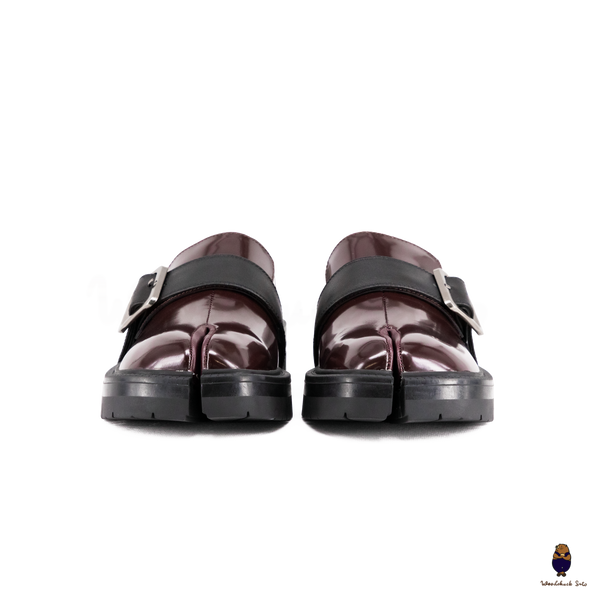 WoodchuckSato Burgundy Edge-Beaded Cowhide Leather Tabi Chunky Loafers with with Removable Black Strap