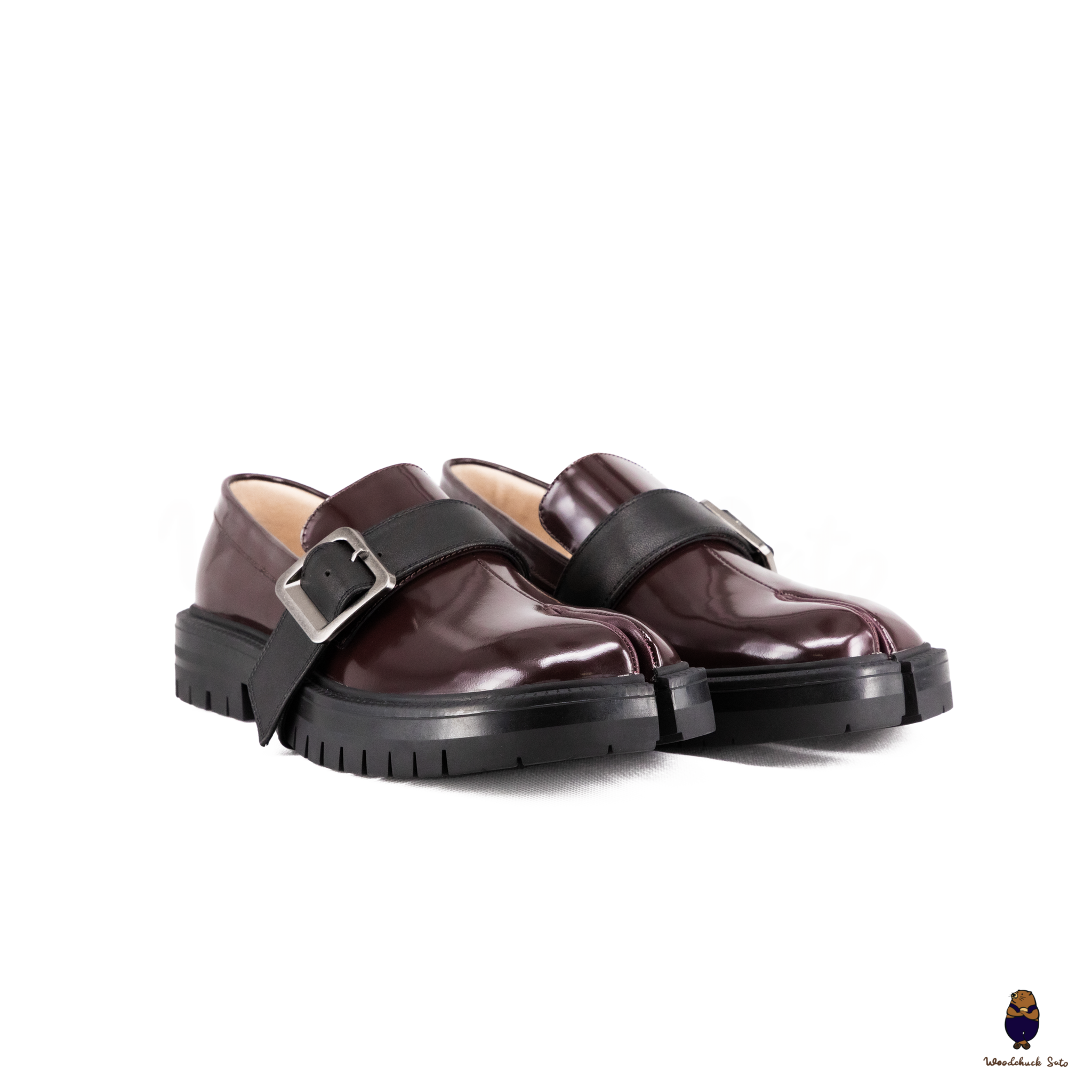 WoodchuckSato Burgundy Edge-Beaded Cowhide Leather Tabi Chunky Loafers with with Removable Black Strap