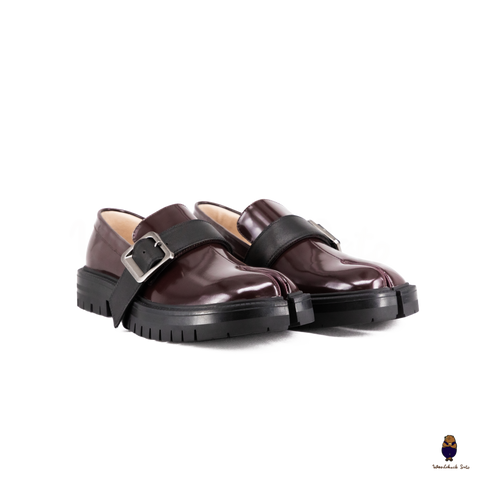 WoodchuckSato Burgundy Edge-Beaded Cowhide Leather Tabi Chunky Loafers with with Removable Black Strap