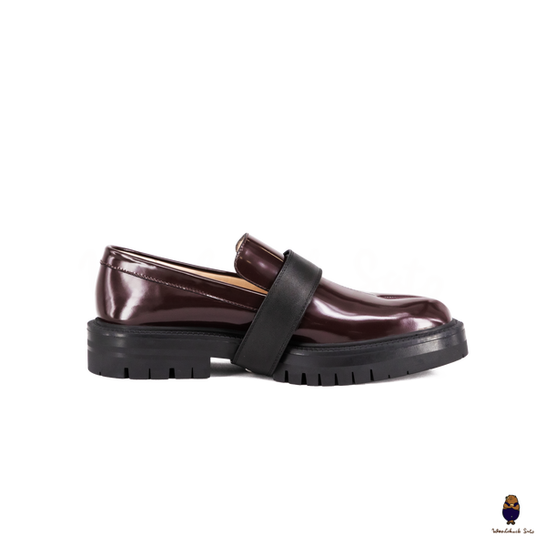 WoodchuckSato Burgundy Edge-Beaded Cowhide Leather Tabi Chunky Loafers with with Removable Black Strap