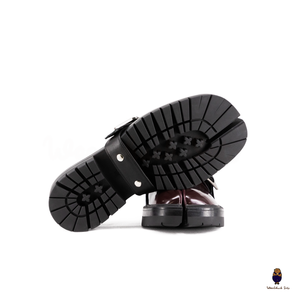 WoodchuckSato Burgundy Edge-Beaded Cowhide Leather Tabi Chunky Loafers with with Removable Black Strap
