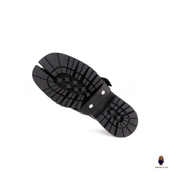 WoodchuckSato Burgundy Edge-Beaded Cowhide Leather Tabi Chunky Loafers with with Removable Black Strap