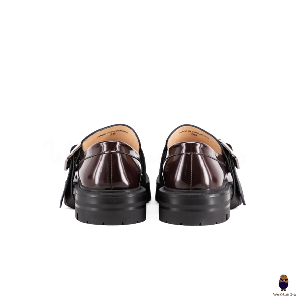 WoodchuckSato Burgundy Edge-Beaded Cowhide Leather Tabi Chunky Loafers with with Removable Black Strap