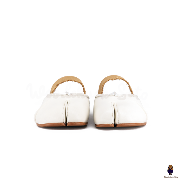 WoodchuckSato White Leather Tabi Mules with Ruched and Elastic Strap